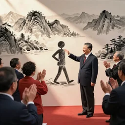 xi jinping shows drawing of stick figure whileparty members are applauding
