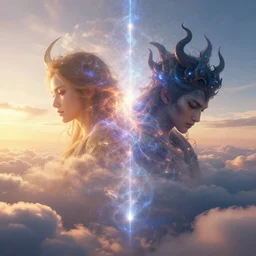 war heaven and hell, epic, cinematic, clouds, sunset by greg rutkowski and huifeng huang, astral, cosmic, high key lighting, volumetric light, digital art, detailed, intricate