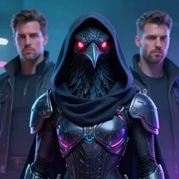 neon armored kenku, artistically anthropomorphic black bird head. cloaked hood down, science fiction, portrait by donato giancola and greg rutkowski and wayne barlow. top all time r / imaginarycyberpunk.