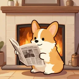 illustration of a corgi reading the newspaper in front of a fireplace, digital art, artstation trend