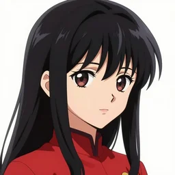 anime girl with a detailed face and black hair in a red outfit, full body, trending, wide shot, illustration, by hiroyuki imaishi