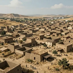 a cityscape, settlement, buildings, detailed scenery, neolithic time period —width 672