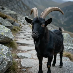 closeup of black goat in a path in avila mountains, granite stones, 4 k, concept art, by wlop, ilya kuvshinov, artgerm, krenz cushart, greg rutkowski, pixiv. cinematic dramatic atmosphere, sharp focus, volumetric lighting, cinematic lighting, studio quality