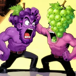 a screaming purple grape wanting to punch his brother who is a green grape. comic book style.