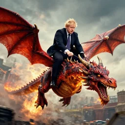 boris johnson riding a fire breathing dragon into war