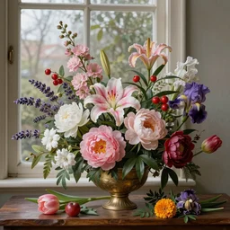 still life of flowers, window lighting, old masters, in the style of rachel ruysch, complex 3 d render, ultra detailed, 8 5 mm lens, refined, high definition, pink blossoms, white blossoms, red berries, fruit, lavender, st joseph lily, peonies, foliage, marigold, tulips, iris,