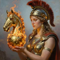 battlefield of trojan war, trojan horse, closeup portrait of eris discordia, holding fiery reflective gold!!! metal apple, goddess of chaos, fantasy character portrait, ultra realistic, wide angle, intricate details, artifacts, luminous skies, michael cheval, peter mohrbacher, boris vallejo, jessica rossier, oil painting, highly detailed, cinematic lighting, unreal