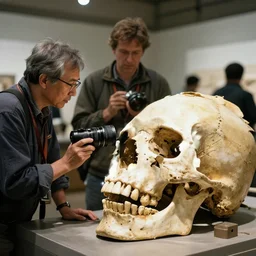 archeologists discovering the skull of a giant photography 15mm lens