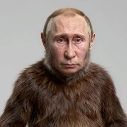 Photorealistic monkey with human Vladimir Putin face, animal hybrid award-winning Houdini 3D render, Vladimir Putin head on monkey body fully visible in frame