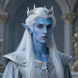 the prince of frost standing alone in his court, single person, archfey, upper - body portrait, fantasy, white hair, blue skin, wild eyebrows, young adult, elf, crown, hard edges, soft lighting, professional lighting, trending on artstation