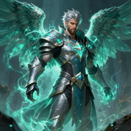 an epic fantastic realism comic book style portrait painting of an aasimar paladin, teal energy, male, big angel wings on back, silver hair, short brown beard, d & d concept art, unreal 5, daz, hyperrealistic, octane render, cosplay, rpg portrait, dynamic lighting