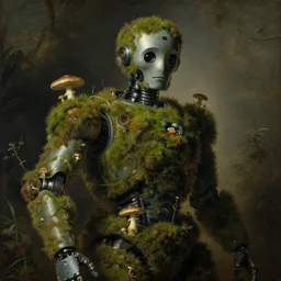 a close - up rococo portrait of an futuristic robot covered in moss, mushrooms, and swamp. gloomy, 1 8 th century masterpiece painting by jean - honore fragonard and moebius.