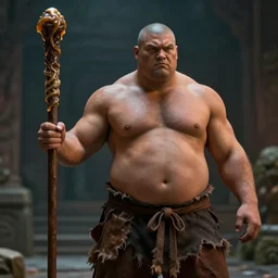 DND monk man with a staff greased up, only wearing tattered shorts portly and muscular, hyper realism, dramatic ambient lighting, cinematic, high detail, 8k, octane render, depth of field