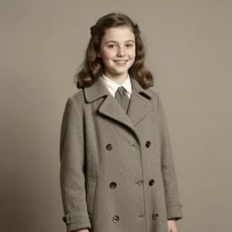 a medium shot photo of a beautiful sixteen year old jewish girl with a long coat smiling taken in 1 9 4 7, high quality, studio lighting, intricate detailed