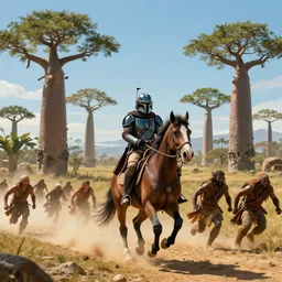 mandalorian riding a horse alone, madagascar with baobabs trees in the background, tribe members chasing for an attack, action scene, an epic fantasy, artgerm and greg rutkowski and alphonse mucha, an epic fantasy, volumetric light, detailed, establishing shot, an epic fantasy, cinematic, photorealistic, ultrarealistic, trending on art station, octane render, midsommar