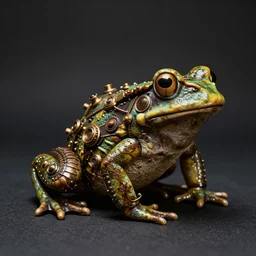 a studio photography of a steampunk amazon toxic frog sculpture