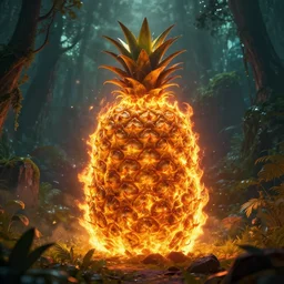 giant burning pineapple, fire, glow, cinematic photo, forest, mountain, video game concept art