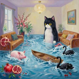 emo catgirl artist in her lounge room, painting of flood waters inside an artist's loungeroom, a river flooding indoors, pomegranates, pigs, ikebana, water, octopus, river, rapids, waterfall, black swans, canoe, berries, acrylic on canvas, surrealist, by magritte and monet