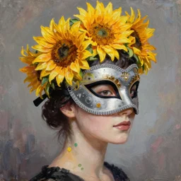 masquerade ball mask, korean audrey hepburn, hugh grant, vogue magazine, elle magazine, greg rutkowski, john singer sargent, trending on artstation, anime, oil painting, side profile portrait, looking right, sunflower crown, intricate