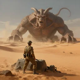 giant sand deamon fighting beautiful digital painting of a soldier in a trench waiting for the war to end, in the sahara desert. cinematic lighting, atmospheric emotions by greg rutkowski,