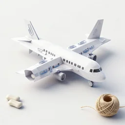 an airplane made out of paper clips, chewing gum and twine,