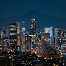 a beautiful futuristic city skyline at night with mountains in the background, sydney, scifi, cyberpunk