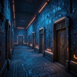 futurepunk dungeon, ancient stone tiling, blue and orange neon lines along the wall, bluestone walls, trending on artstation. skyrim in - game screenshot. absurdly detailed linear hallway with doors