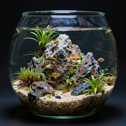 a fishbowl with a tiny mountain ecosystem inside of it, This 4K HD image is Trending on Artstation, featured on Behance, well-rendered, extra crisp, features intricate detail and the style of Unreal Engine.