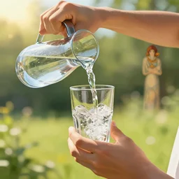 close up of a person pouring a glass of water on a summer day, sun shining, photo realistic illustration by greg rutkowski, thomas kindkade, alphonse mucha, loish, norman rockwell.