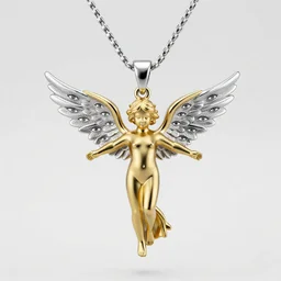 3 d silver and gold 2 tone necklace, on box chain, pendant is androgynous anatomical angel with 6 wings covered in eyes in a flying pose with 5 fingered hands on each side in a pose, casted in both silver and gold, high quality render, jewelry photography, octane render, studio lighting, ray traced