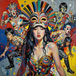 decollage painting young japanese actress in a tribal mask chased by unconsciousness fear by adrian ghenie and takato yamamoto and edward hopper and mark ryden and tsutomu nihei, part by bridget riley, acrylic pour and splashing paint, very coherent, baroque elements, perfect anatomy, intricate design. pop art.