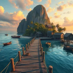 a little fisher village on a tropical island, wood pier and houses, nets and boats, scenic view, sunset, matte painting by marc simonetti and rhads and donato giancola, trending on artstation