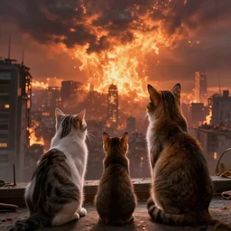 cat watches a post apocalyptic city view where the sky is on fire
