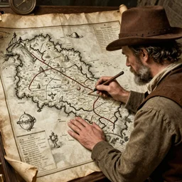 realistic scene of a treasure map from an old man, 1450, ink, ultra realistic, 8k