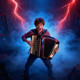 dwight schrute playing the accordion aggressively and yelling, dramatic scene, volumetric blue fog, red lightning, ultra wide angle, movie still, photorealistic, stranger things, netflix, upside - down, colorful lighting, grainy, aerial shot, shot from above, movie still