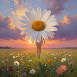 giant daisy flower as head, full body girl floating in a flower field, surreal photography, sunrise, dramatic light, impressionist painting, colorful clouds, digital painting, artstation, simon stalenhag