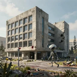 post apocalyptic hospital building, featuring a big grey alien walking, morning, building, avenue, modern contemporary urban americana concrete architecture, by pascal blanche, neil blevins, apocalyptic color palette, trending on artstation, photorealistic, wilderness ambiance, ultra detailed, high definition, depth of field, bokeh, rubble, wild vegetation, blood stains, building crumbling