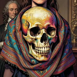 colorful skull in shawl, by sandra chevrier and anthony van dyck, artstation, illustration, comic book, polychromatic - colors, insanely detailed and intricate, hypermaximalist, elegant, ornate, hyper realistic, super detailed
