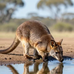 photo of a thylacine, distinct animal, thylacine, thylacine, ‘Tasmanian (((tiger)))’, thylacine, detailed fur, long thin tail, long snout, small eyes, marsupial, drinking water from a lake, Australia, HD, National Geographic,