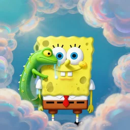 post - minimalism portrait of spongebob, top down view, lizard king / queen forgiveing, iridescent clouds, vibrant color scheme, highly detailed, in the style of romanticism, cinematic, artstation, moebius, greg rutkowski