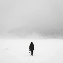 a man holds a lantern, snowstorm, alien landscape, foggy, cold, view from the distance, black and white, artstation