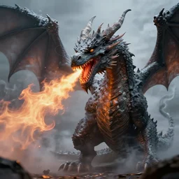 highly detailed, 8 k, hd, artstation, stunning digital art of a dragon covered in grey smoke while breathing flames from it's mouth