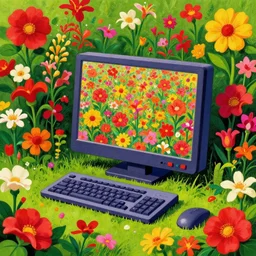 “a computer surrounded with flowers by zdzisław beksiński, bright and colorful wikimedia commons, morbid, ArtStation, Deviantart, HD screenshot”