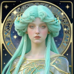 close up art nouveau portrait, delicate princess warrior with pale cyan mane, stars and night background, ornate alphonse mucha, rhads, ross tran, artstation, artgerm, octane render, 1 6 k