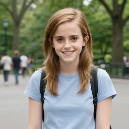 photorealistic Emma Watson meets a cute smiling anime girl in Central Park