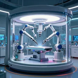 futuristic enclosed medical pod ( glass tank ) with robotic appendages doing precision work inside, a single large glass chamber contains multiple automatic manipulators, highly integrated futuristic automatic medical care unit in a cyberpunk hospital lab, highly detailed, vibrant, hyperdetailed scifi concept art, artstation, hdr, rtx, octane render, cgsociety, solidworks
