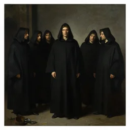 dante's inferno painting, with people in black hooded tunic like in the film eyes wide shut of stanley kubrick