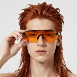 photorealistic young man with red spiked long hair, using an orange lens googles. Wearing white shirt, a black waistcoat. He is with a vicious smile in face. dynamic lightning.