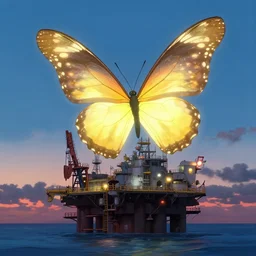 in the evening, a huge glowing butterfly stopped above the oil platform, by miyazaki hayao