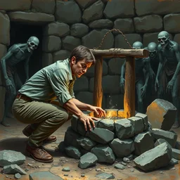 norman reedus is crouching and is building a wishing - well out of rocks, in the prison - yard. scary zombies are watching him. full - color painting by norman rockwell ; detailed facial - features ; highly - detailed.